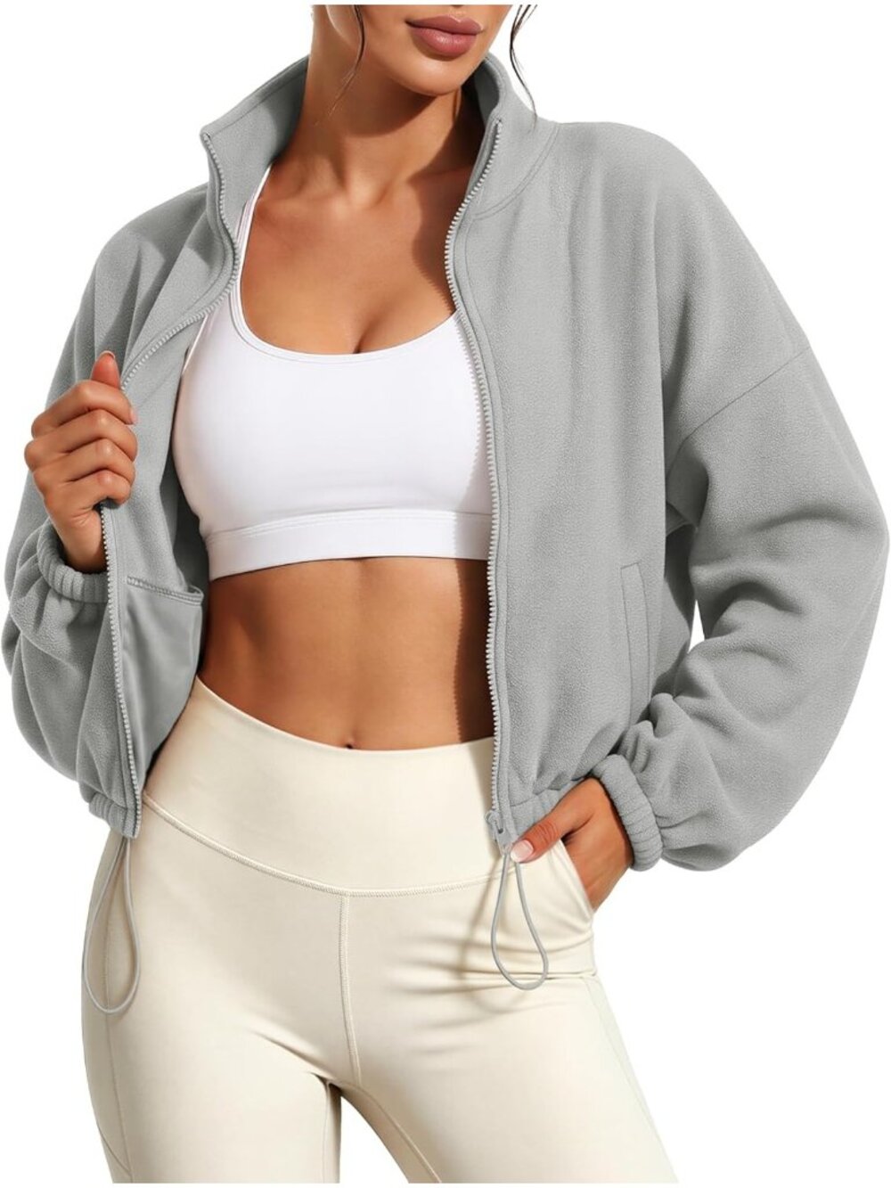 Women’s Light Grey Long Sleeve Cropped Sherpa Full ZIP Collar Fleece Jacket